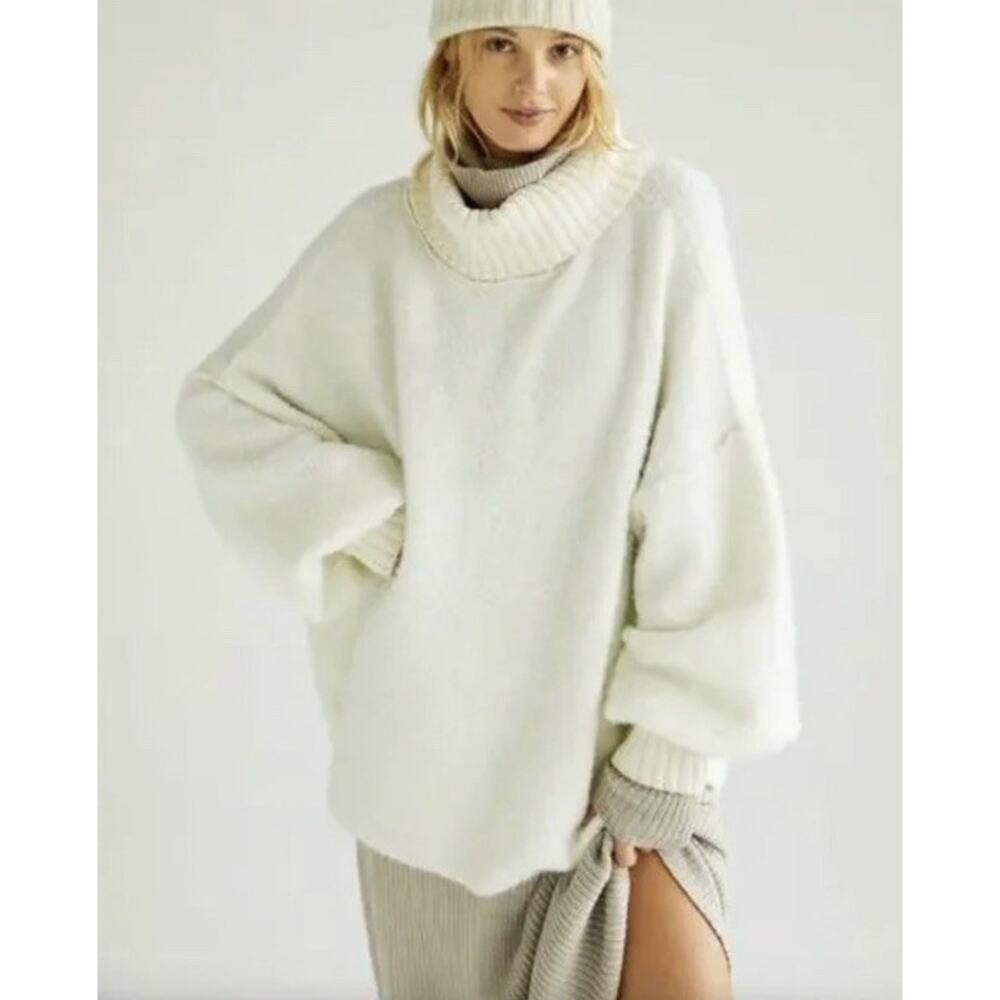 Free People Sweater Women's Large Cream Milo Pullover Cowl Neck Oversized BZ